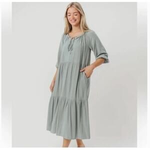 Worth Collective Avery Tiered Linen-Blend Midi Dress in Sage Large